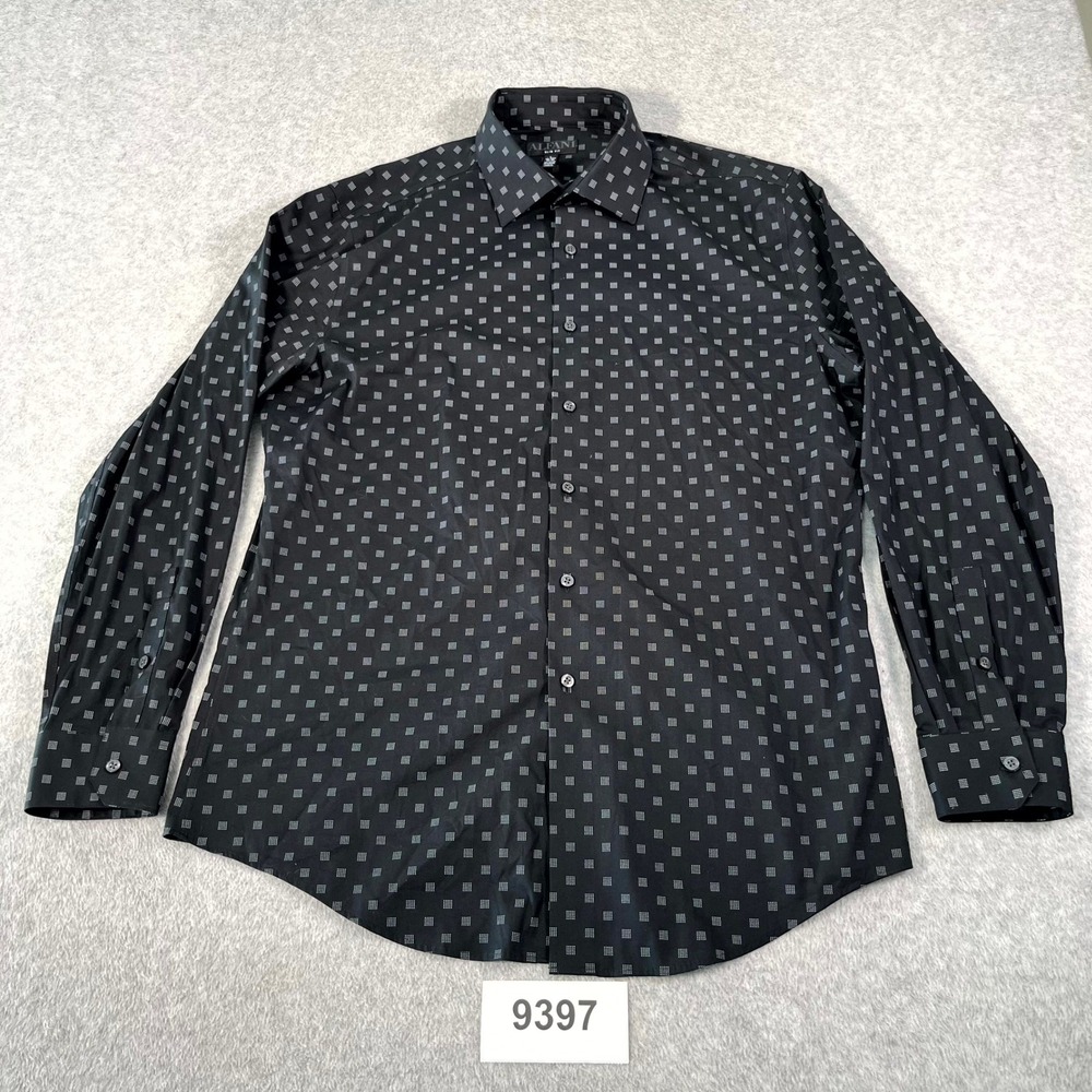 Alfani‎ Dress Shirt Mens 16.5 Black White Printed Cotton Stretch Formal Business